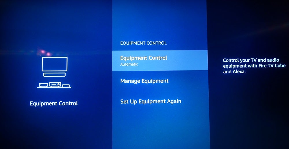 Amazon Fire TV CubeEquipment control settings screen displayed on Amazon Fire TV Cube