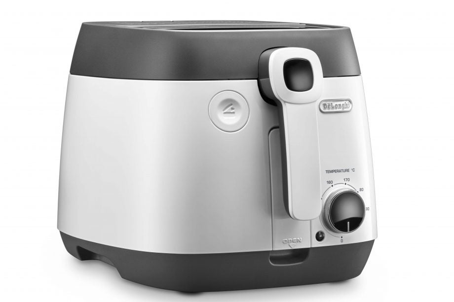 Left angled view of a black-white Delonghi FS6055 fryer kept on a white background