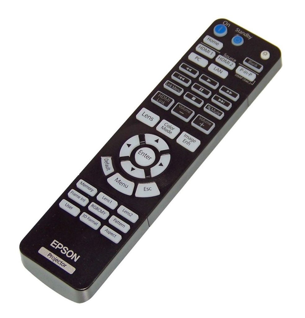A gray-black remote of Epson TW9400 projector kept on a white background