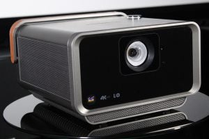 ViewSonic X10-4KLeft angled view of a silver-black 4K UHD LED projector kept on a table