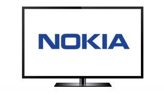 A black Nokia TV standing on white background displaying Nokia logo