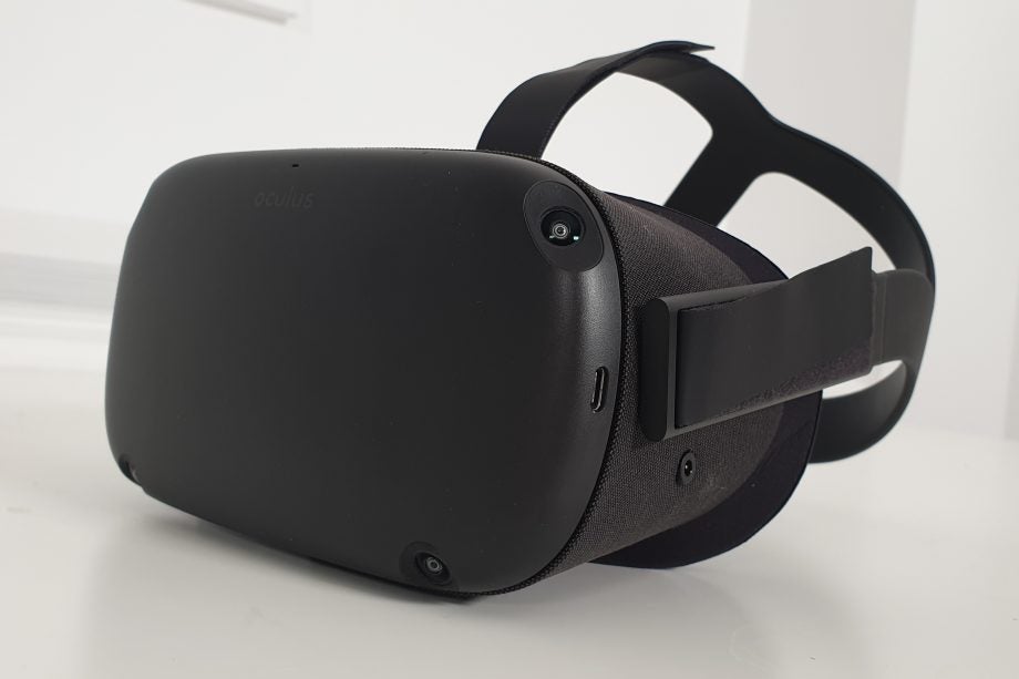 A black Oculus Quest 2 VR headset kept on a white background