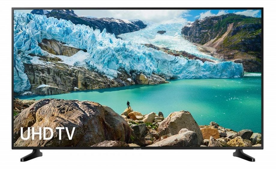 A black Samsung UE43RU7020 TV standing on white background