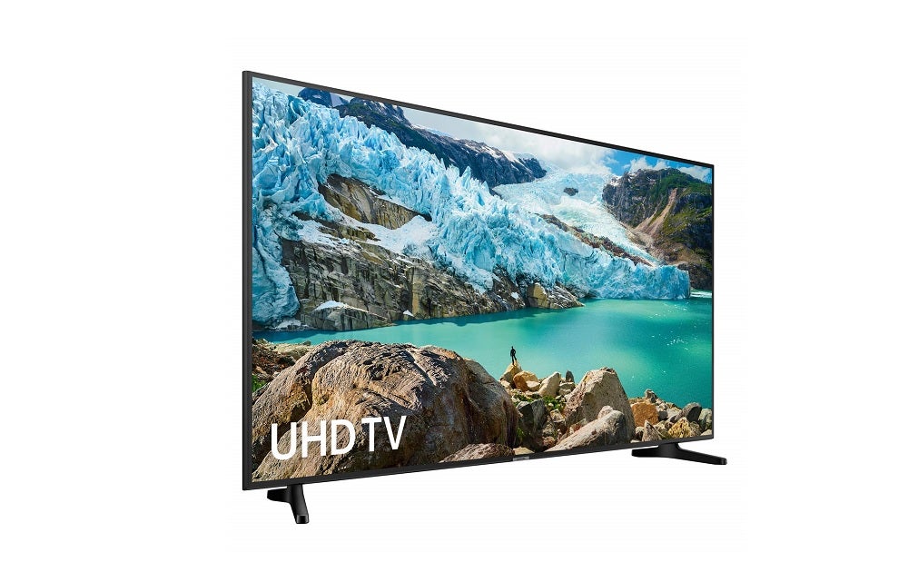 Samsung UE43RU7020 Right angled view of a black Samsung UE43RU7020 TV standing on a white background