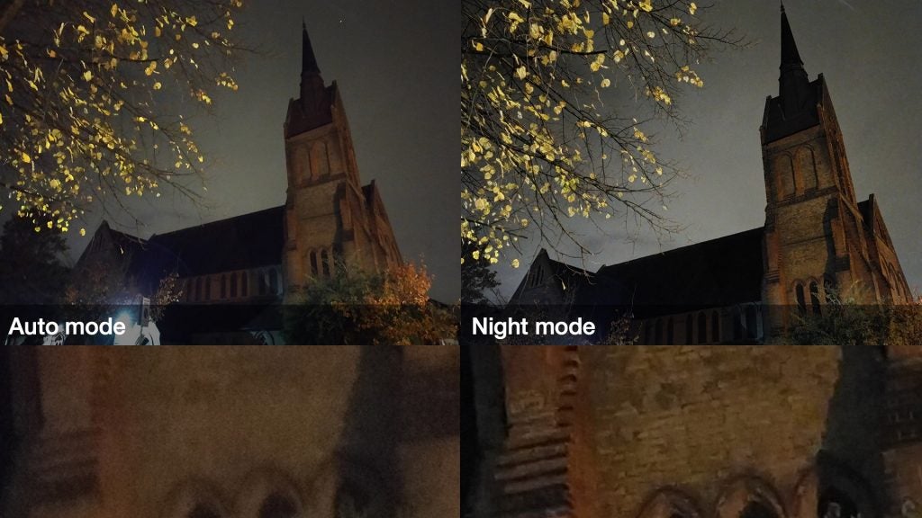 Four different picture of a building, two similar in auto and night modes and other two zoomed in same modes