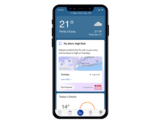 A black iPhone standing on white background displaying weather forecast on Weather Channel app