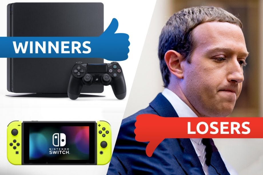 A PS and a Nintendo Switch on left tagged as winners and a picture of Mark Zuckerberg on right tagged as losers