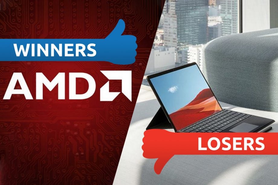 A logo of AMD on left tagged as winners and a Surface laptop on right tagged as losers