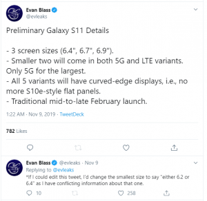 Screenhot from Twitter of a tweet from Evan Blass about Preliminary Galaxy S11 details