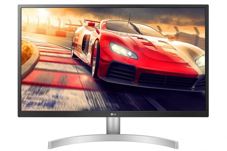 A picture of a silver-black LG gaming monitor standing on a white background