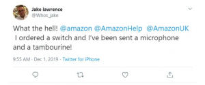 Picture of a tweet from a user about ordering something and receiving another thing with Amazon taggedScreenshot from Twitter of tweets about getting wrong Amazon product and reply from Amazon help