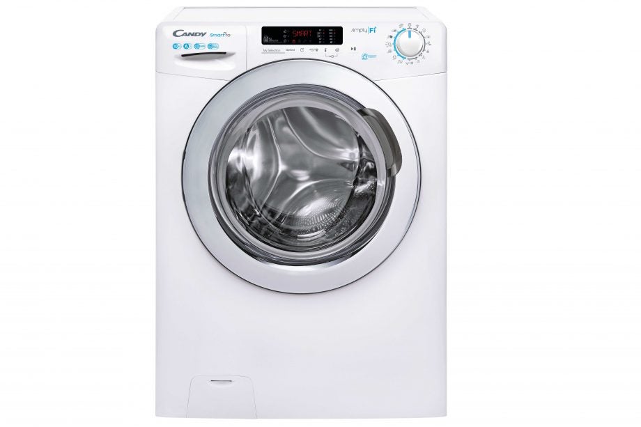 Picture of a white Candy Smart Pro washing machine standing on a white background