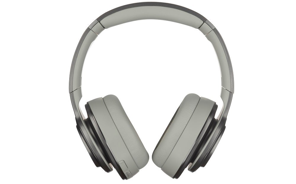 A picture of silver-black Cleer Flow II headphones standing on white background