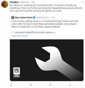 Screenshot of a tweet about a bug in Epic Games launcher and how to resolve it