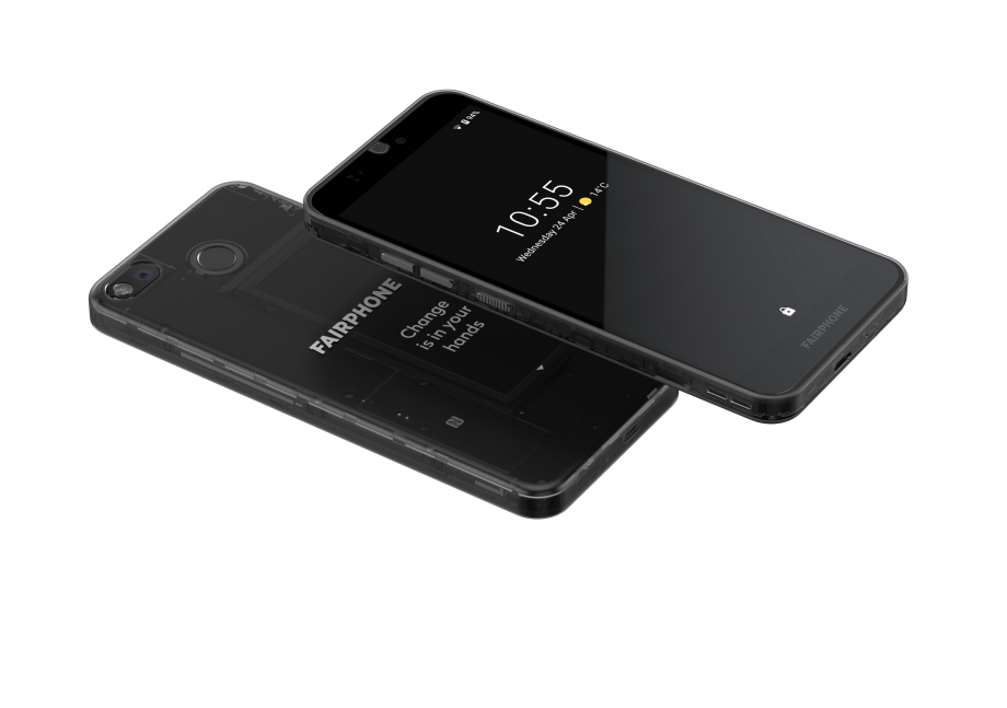 Two black Fairphone 3 floating on a white background showing front and back panel view