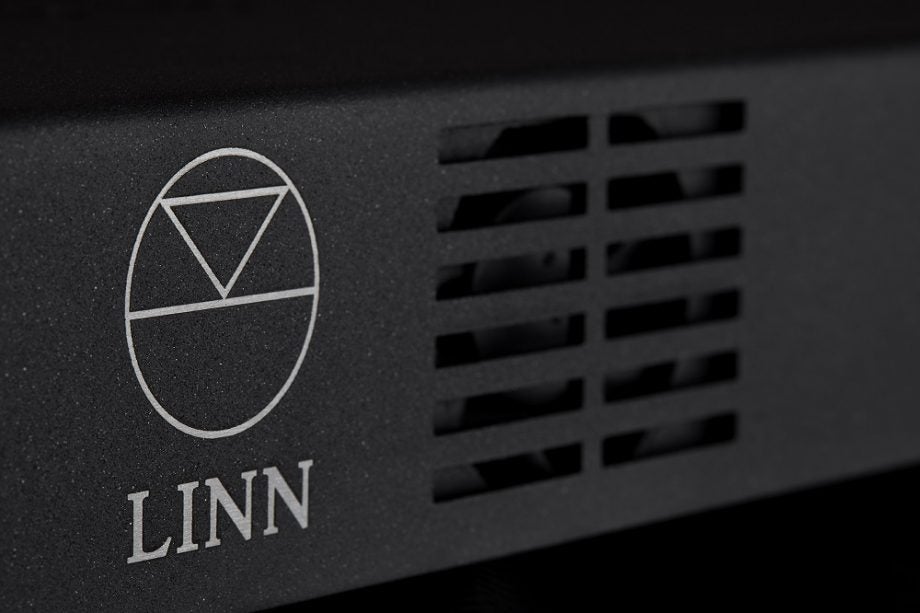 Close up picture of Linn logo on a black Kustom Linn