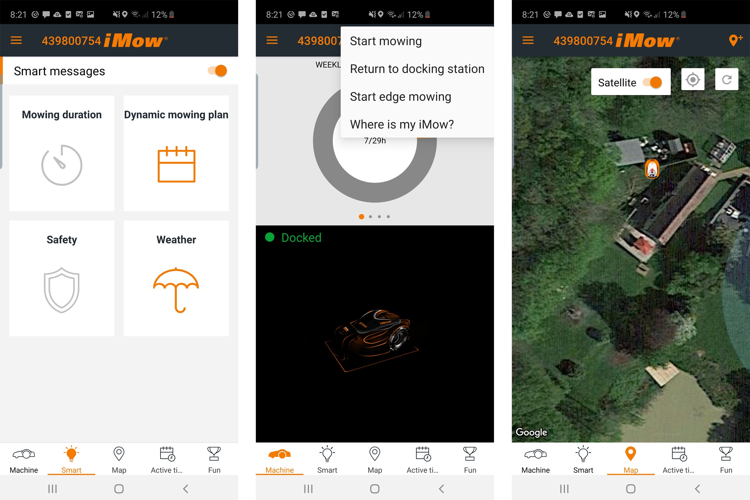Stihl iMow RMI 422 PC appScreenshots from iMow app about machine, active timings and fun activitiesScreenshots from iMow app about machine, smart messages and map