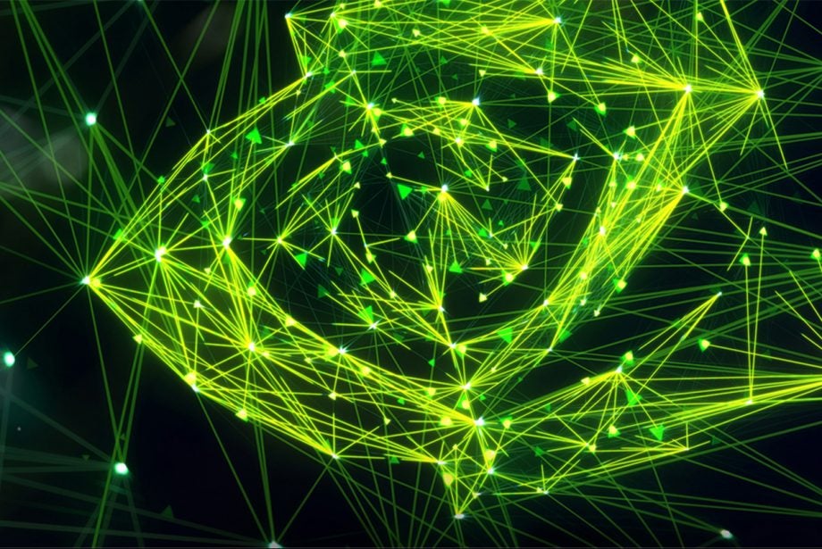 A picture of a wallpaper of Nvidia with it's logo shown made of lines and crossings