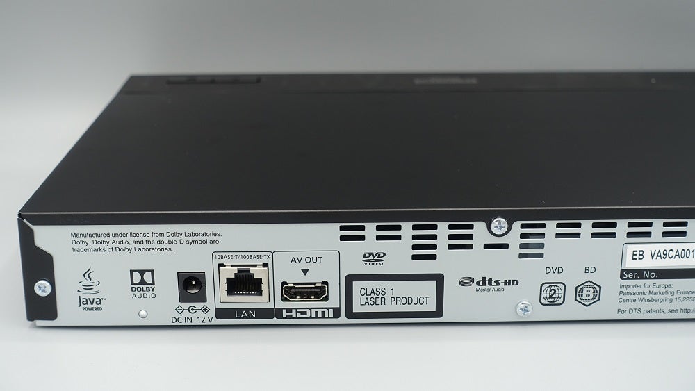 Panasonic DP-UB150Back panel and ports section view of a black Panasonic UB150 kept on white background