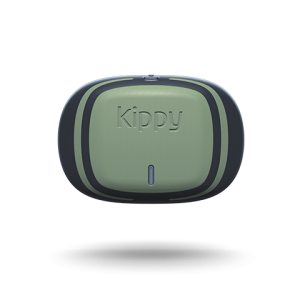 Picture of a green-black Vodafone Kippy pet tracker floating on white background
