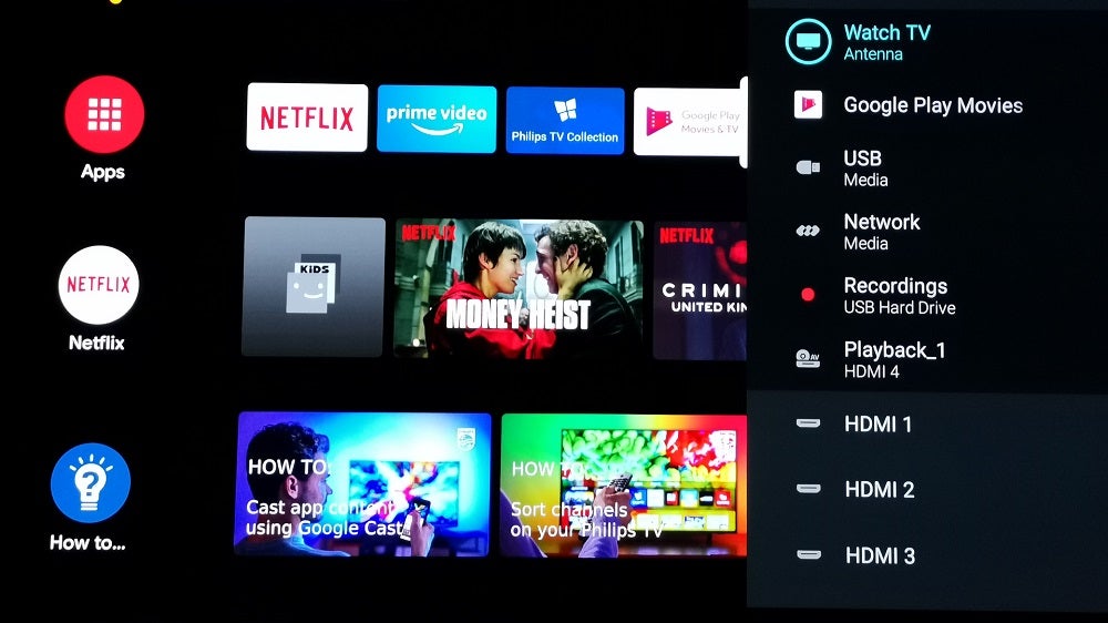 65OLED+984Picture of a Philips OLED984 displaying Android TV's homescreen and watch TV antenna in menu