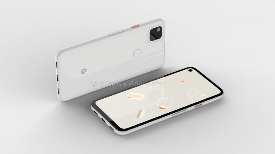 Two white Google Pixel 4a kept on a white background showing front and back panel view