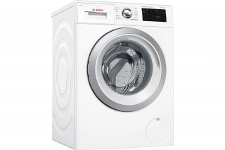 A picture of white Bosch WAT286H0GB washing machine standing on white background