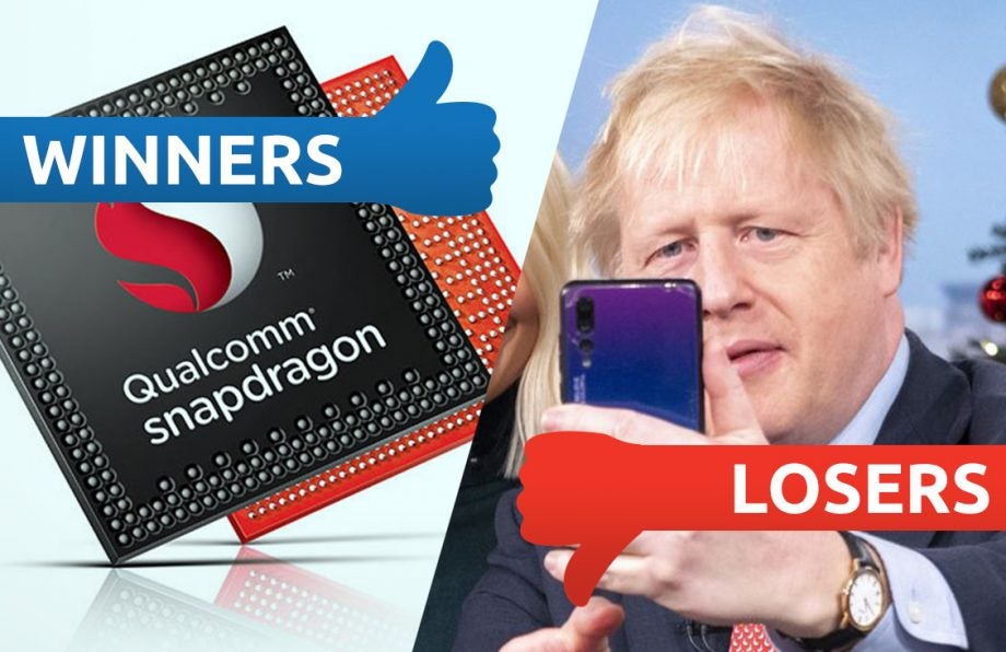 Picture of Qualcomm Snapdragon processors on left tagged as winners and a blue smartphone held in hand on right tagged as losers