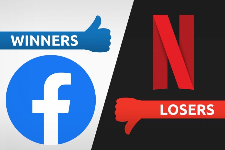 A logo of Facebook on left tagged as winners and a logo of Netflix on right tagged as losers