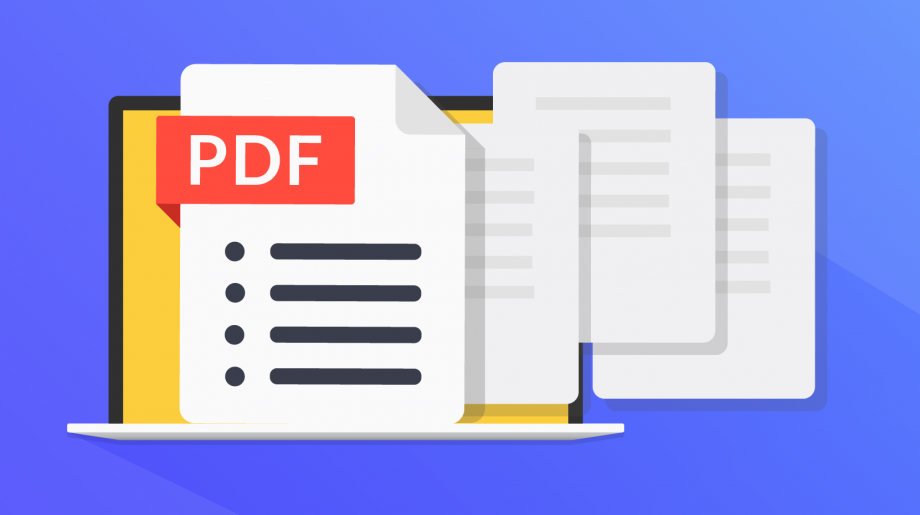 A wallpaper of PDF on a blue background with a laptop behind PDF doc logos