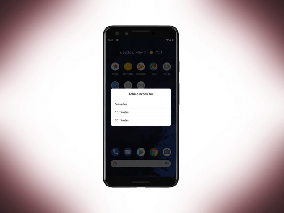 Picture of a black smartphone displaying take a break pop-up menu, showing Android Focus mode