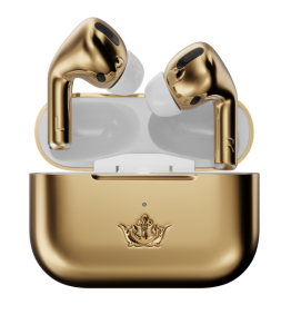 Picture of Caviar AirPods Pro Gold earbuds and case kept on a white background