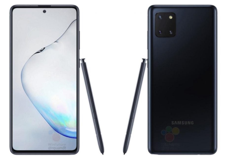 Two Samsung Galaxy Note 10 Lite standing on white background showing front and back panel view with S-Pen