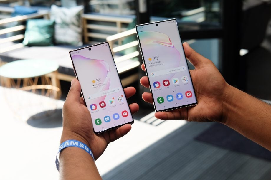 A picture of two Samsung Galaxy Note 10 smartphones held in hand