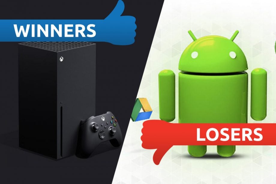An Xbox with it's controller on left tagged as winners and an Android logo on right tagged as losers