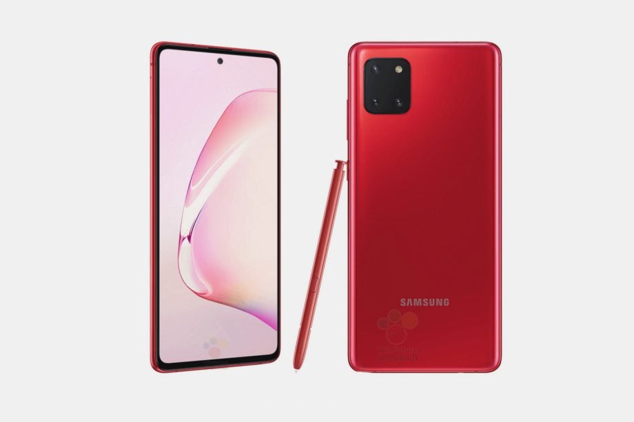 Two red Samsung Galaxy Note 10 Lite standing on a white background showing front and back panel view with S-Pen