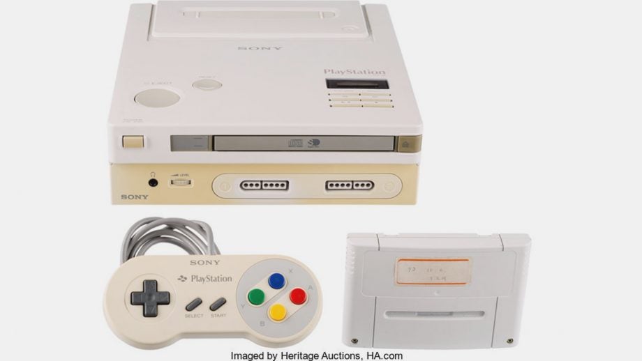 A picture of a wallpaper of white Sony Nintendo Playstation with controller and cassette
