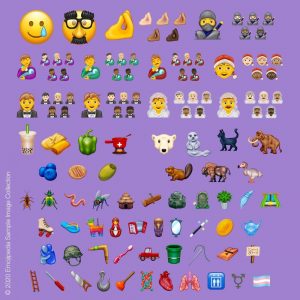 A number of different random emojis on a purple background