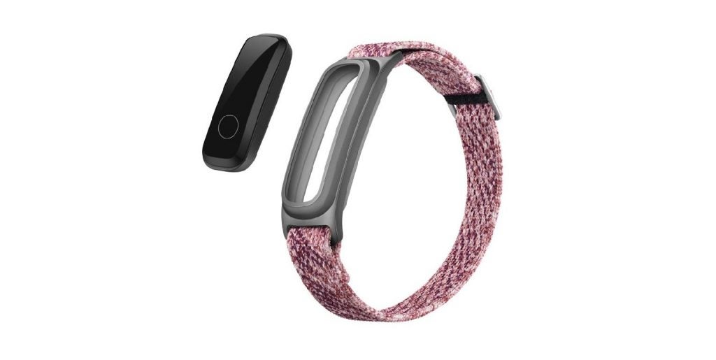 Picture of a pink-black Honor Band 5 smart bracelet standing on white background showing removable screen
