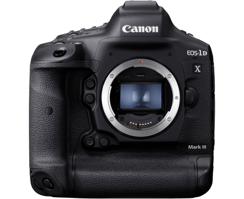 Picture of a black Canon EOS-1D X Mark III camera standing on white background