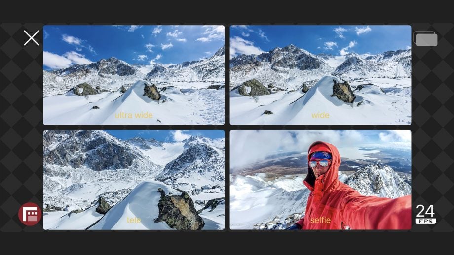 Four same pictures showing ultra wide mode, wide mode, tele mode, and selfie mode