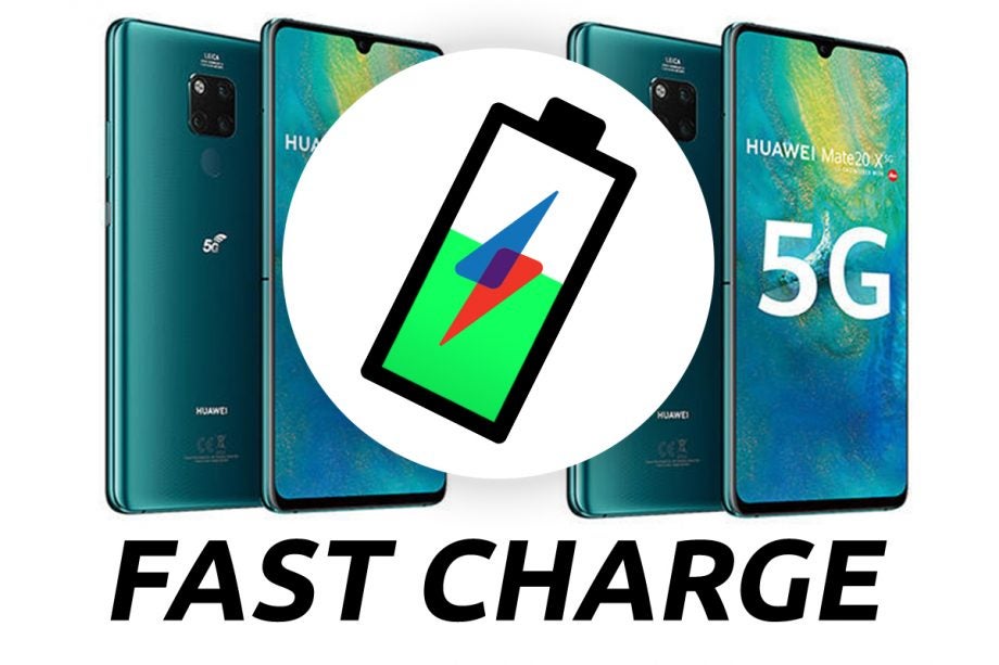 Four Huawei smartphones standing on white background with a Fast charge logo and text on top