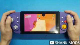Picture of a purple Gameboy Joy Cons held in hand