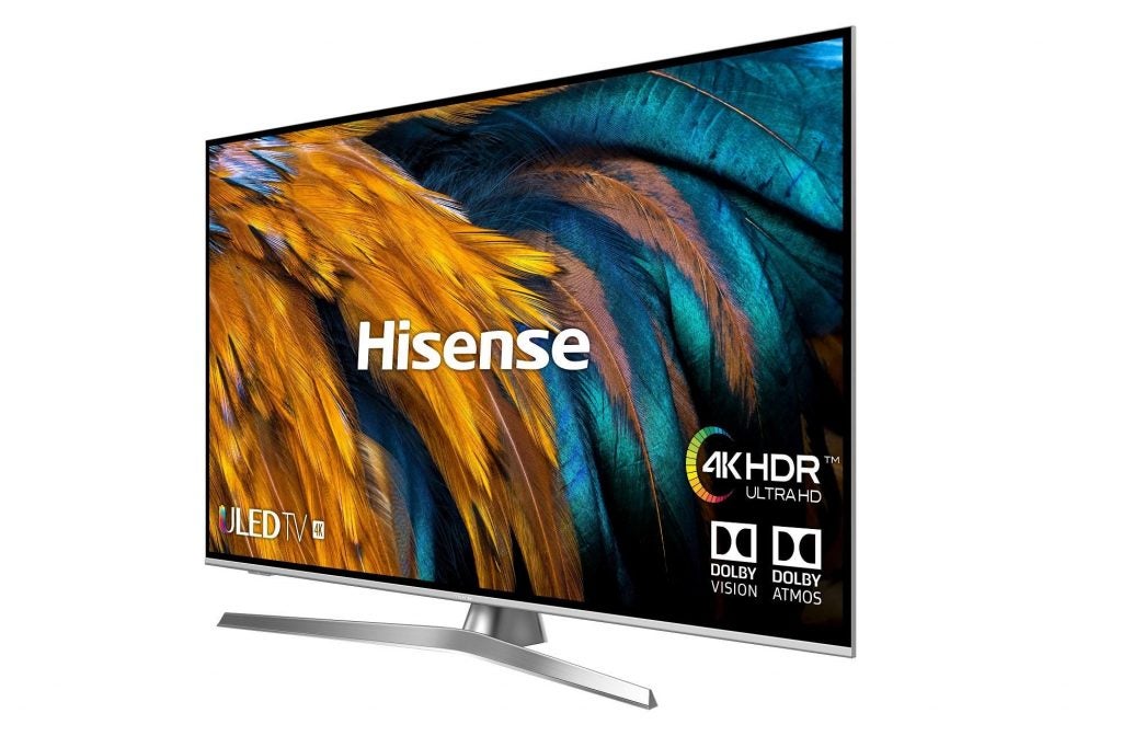 Hisense H55U7BClose up image of a silver-black Hisense H55U7B TV's stand standing on a white background