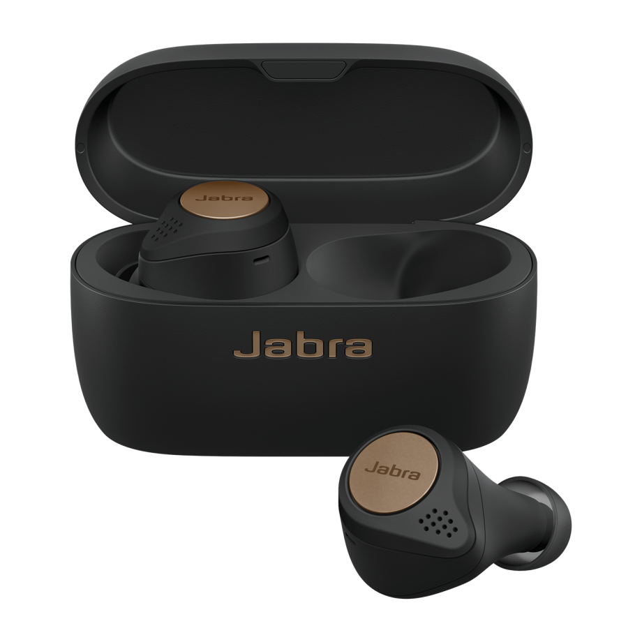 A picture of black Jabra Elite Active 75T earbuds with it’s case kept on a white background
