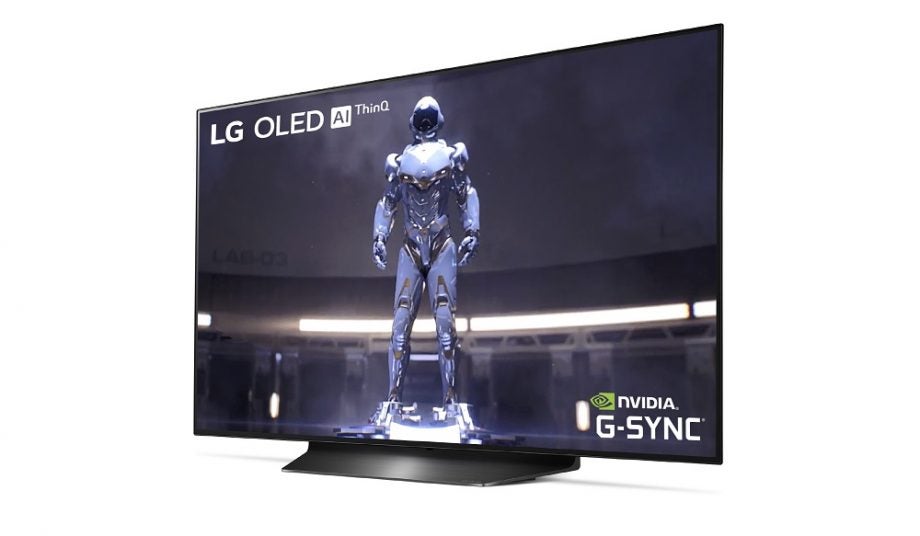 A black LG OLED 48 CX TV standing on a white background