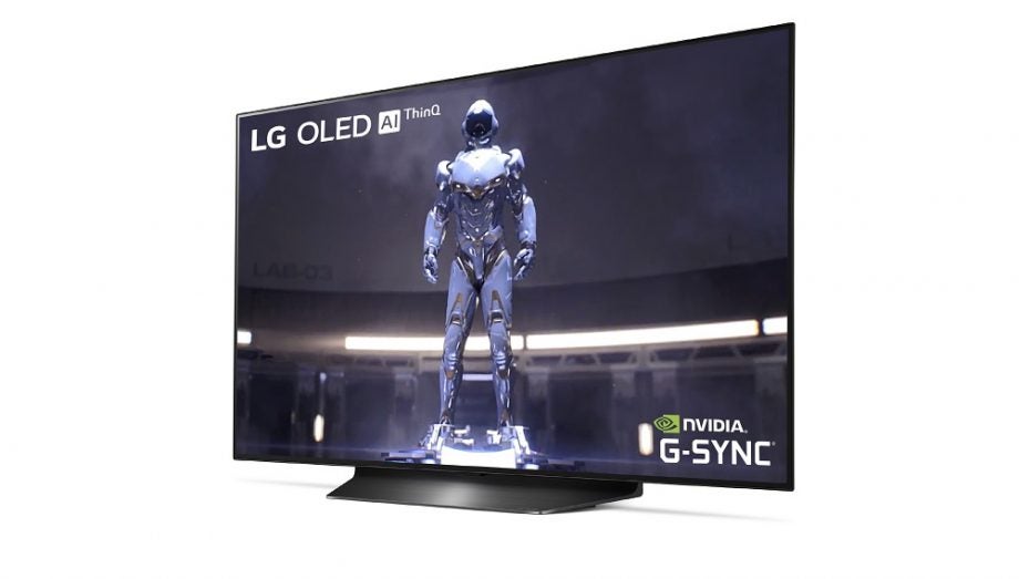 Picture of a black LG OLED TV 48 CX TV standing on a white background