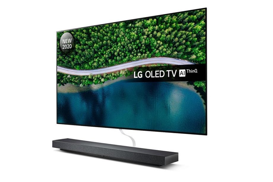 A black LG Wallpaper OLED TV standing on white background