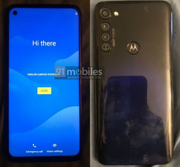 Two Motorola G stylus smartphones kept on a surface showing front and back panel