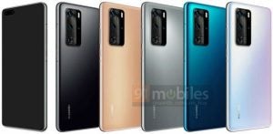Six different colored Huawei P40 smartphones standing on white background